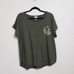 Chic Olive Tee with Gold Floral Moon Design